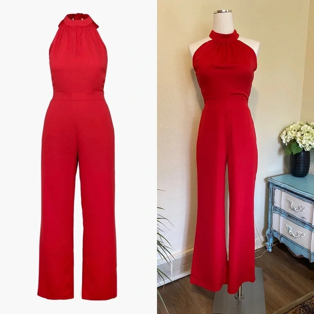NWT Adelyn Rae Crepe Halter Jumpsuit Wide Leg High Waist Open Back Red, XS - Picture 4 of 6